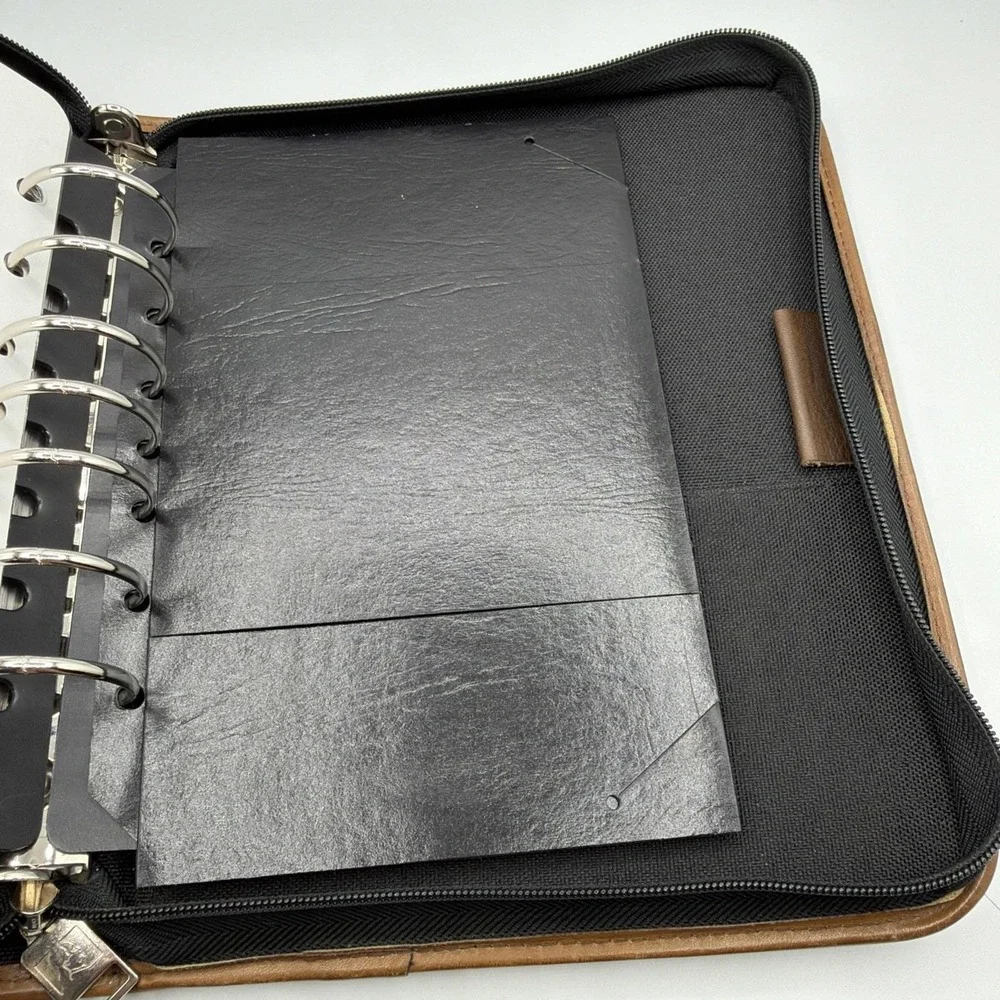 Vtg. Franklin Quest ~Blk. Canvas/Brown Leather Trim ~Green Line Planner Zip